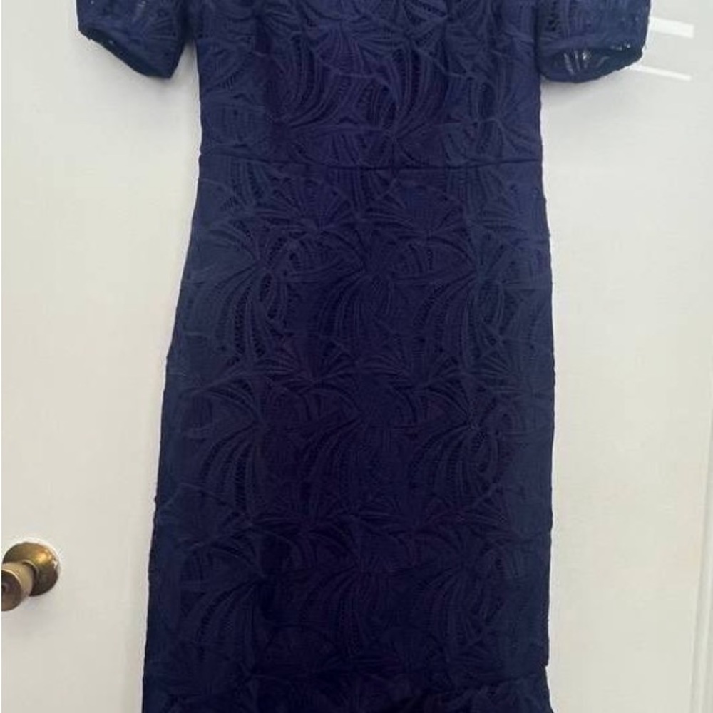 Kay Unger Blue Sheath Puff Sleeve Midi Dress